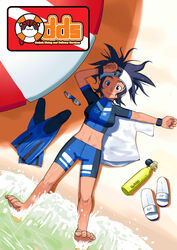  absurdres arm_up arung_samudra_(cessa) barefoot beach black_hair bodysuit breasts cessa copyright_name dark-skinned_female dark_skin diving_suit female flippers flippers_removed goggles hairband highres long_hair looking_at_viewer medium_breasts midriff navel ombok_diving_and_delivery_services outdoors oxygen_tank sandals sandals_removed shadow solo umbrella water waves wetsuit 