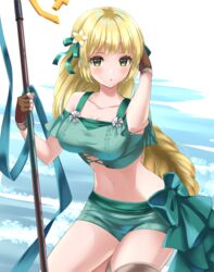  bare_shoulders bikini blonde_hair blush breasts cleavage commentary_request female fire_emblem fire_emblem:_three_houses fire_emblem_heroes green_bikini green_eyes green_ribbons green_shorts hair_ribbon highres ingrid_brandl_galatea ingrid_brandl_galatea_(summer) kakiko210 large_breasts long_hair looking_at_viewer navel off-shoulder_bikini off_shoulder official_alternate_costume ribbon short_shorts short_sleeves shorts solo stomach swimsuit thighs very_long_hair 