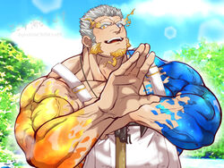  1boy bad_id bad_pixiv_id bara biceps blue_skin colored_skin facial_hair fiery_beard fiery_eyebrows forked_eyebrows goatee hammer hands_up highres holding holding_hammer kizami_nori_to_yamaimo large_pectorals long_sideburns looking_at_viewer male_focus mature_male muscular muscular_male official_alternate_costume orange_skin overalls pectorals perun_(housamo) short_hair sideburns smile solo sunlight thick_eyebrows tokyo_afterschool_summoners upper_body veins veiny_arms white_hair 