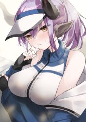  animal_ears arknights arm_under_breasts bare_shoulders bikini black_gloves blue_jacket blush breasts closed_mouth cow_ears cow_horns female fingerless_gloves gloves gradient_background hair_between_eyes hat highres horns jacket large_breasts long_hair long_sleeves looking_at_viewer official_alternate_costume open_clothes open_jacket ponytail purple_hair saiko_(saisaka) sideroca_(arknights) sideroca_(light_breeze)_(arknights) solo swimsuit upper_body visor_cap white_background white_bikini white_hat yellow_eyes 