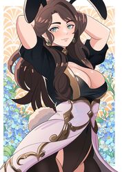  adapted_costume animal_ears black_shirt blue_flower breasts brown_hair cleavage cowboy_shot dorothea_arnault earrings english_commentary fake_animal_ears fake_tail female fire_emblem fire_emblem:_three_houses flower forget-me-not_(flower) green_eyes highres ihsnet jewelry large_breasts long_hair looking_at_viewer parted_lips rabbit_ears rabbit_tail shirt skirt solo standing tail very_long_hair white_skirt 