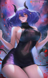  bad_anatomy bad_proportions bare_shoulders black_horns black_sweater blue_hair blush breasts covered_navel demon_girl demon_horns demon_tail dress falling_petals female hair_between_eyes highres horns huge_breasts kinsou_no_vermeil looking_at_viewer medium_hair parted_lips patreon_username petals pointy_ears purple_hair red_eyes red_lips sleeveless sleeveless_turtleneck_dress smile solo sweater tail thick_thighs thighs turewindwalker vermeil_(kinsou_no_vermeil) 