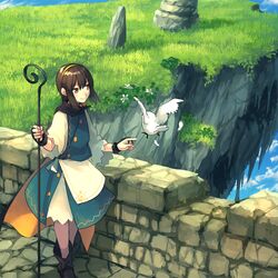  bad_link bird black_footwear boots chorefuji cloak cloud day feathers female grass hairband holding original outdoors pointing rock sky smile solo standing stone_floor stone_wall wall white_bird yellow_hairband 