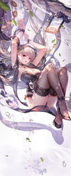  absurdres air_bubble anklet arms_up azur_lane between_breasts black_footwear black_panties black_thighhighs bondage breasts bubble chains cleavage coin_(ornament) collar commentary_request cuffs d-zhai dappled_sunlight earrings embroidery female flower formidable_(azur_lane) frills full_body grey_hair hair_ornament handcuffs high_heels highres iei jewelry lace lace-trimmed_legwear lace_trim leaf lingerie long_hair necklace open_mouth panties red_eyes see-through shawl solo strapless submerged sunlight thighhighs twintails underwear underwear_only veil very_long_hair white_flower 