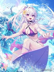  ahoge armlet bare_shoulders bikini breasts choker cleavage criss-cross_halter female fish floating_hair flower hair_flower hair_ornament halterneck large_breasts long_hair looking_at_viewer multi-strapped_bikini_bottom natsuiro_xx navel nyarlathotep_(teikoku_senki) o-ring o-ring_bikini oerba_yun_fang official_art one_side_up open_mouth outstretched_arms purple_bikini purple_choker purple_eyes smile solo stomach string_bikini surfboard swimsuit teikoku_senki thighs very_long_hair water wet white_hair 