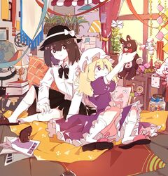  2girls alternate_costume animal_slippers bear_slippers bunny_slippers candy_jar fedora globe harrybeace hat highres indoors lamp loaded_interior magazine_(object) maribel_hearn mob_cap multiple_girls pillow single_slipper slippers socks stuffed_animal stuffed_toy teddy_bear touhou usami_renko window 