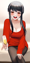  :d alcohol black_hair blush breasts champagne cleavage collarbone cup dress eden_(shiroki_yuutsu) english_commentary female hairband highres holding holding_cup large_breasts long_hair looking_at_viewer open_mouth outstretched_arm pantyhose red_eyes red_sweater sidelocks sitting smile solo spy_x_family sweater sweater_dress teeth upper_teeth_only white_hairband yor_briar 