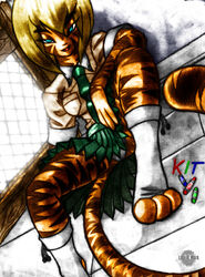  alien anthro blonde_hair bottomwear clixsposing_kitraandra clothing felid feline female fur hair kitraandra liquidmark mammal pantherine panties school_uniform skirt solo spread_legs spreading tail_under_skirt tiger underwear uniform varkeeg 