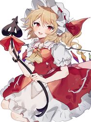  ascot bow buckle buttons commentary_request crystal eyelashes female flandre_scarlet frilled_shirt_collar frilled_skirt frills hat hat_ribbon highres holding holding_weapon knees laevatein_(touhou) looking_at_viewer lower_teeth_only mob_cap oerba_yun_fang one_side_up open_mouth puffy_short_sleeves puffy_sleeves red_bow red_eyes red_ribbon red_skirt red_vest ribbon short_hair short_sleeves side_ponytail simple_background skirt solo sorani_(kaeru0768) teeth tongue touhou upper_body vest weapon white_background white_hat wings wristband yellow_ascot 