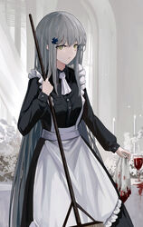  absurdres alternate_costume amamizu_shizuku apron blue_hair closed_mouth commentary_request crossed_bangs cup drinking_glass enmaided feet_out_of_frame female girls&#039;_frontline green_eyes highres hk416_(girls&#039;_frontline) holding holding_mop long_hair looking_at_viewer maid maid_apron mop revision simple_background solo standing table teardrop_facial_mark teardrop_tattoo very_long_hair wine_glass 