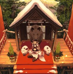  bamboo black_hair black_thighhighs boar breasts carpet character_request chorefuji cleavage commentary_request copyright_request female highres holding kneeling long_hair red_carpet sash shade shrine smile snow snowing solo stairs thighhighs toeless_legwear wide_sleeves wooden_floor 