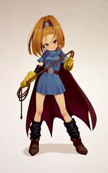  barbara_(dq6) belt black_eyes black_footwear blue_dress boots cape dragon_quest dragon_quest_vi dress earrings female full_body gloves gradient_background high_ponytail highres holding holding_whip jewelry kunitarou-art shadow smile solo standing whip yellow_gloves 