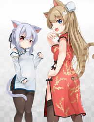  2girls animal_ears black_ribbon blue_eyes blue_nails blush braid breasts brown_hair brown_legwear bun_cover cat_ears cat_girl cat_hair_ornament cat_tail checkered_background china_dress chinese_clothes closed_mouth commentary_request detached_sleeves dress floral_background gradient_background grey_background grey_hair hair_between_eyes hair_bun hair_ornament hair_ribbon hand_up highres hiyori-chan long_hair long_sleeves looking_at_viewer medium_breasts multiple_girls nail_polish original pantyhose paw_pose red_dress red_eyes red_nails ribbon short_sleeves single_hair_bun single_side_bun sleeveless sleeveless_dress sleeves_past_wrists smile sora_(silent_square) striped_tail tail thighband_pantyhose thighhighs tsugumi-chan_(sora) very_long_hair white_background white_dress white_sleeves 