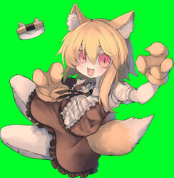  :3 animal_ear_fluff animal_ears black_ribbon blonde_hair blush bolo_tie brown_skirt brown_vest center_frills claw_pose collared_shirt commentary cookie_(touhou) female fox_ears fox_girl fox_tail frilled_shirt frills full_body green_background gush_(nicoseiga86404163) hair_between_eyes highres kitsune looking_at_viewer medium_hair miramikaru_riran neck_ribbon oerba_yun_fang open_mouth red_eyes ribbon shirt sidelocks simple_background skirt slit_pupils socks solo tail undone_neck_ribbon vest white_shirt white_socks 