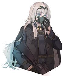  an-94 an-94_(girls&#039;_frontline) assault_rifle black_gloves blue_eyes commentary english_commentary female girls&#039;_frontline gloves gun hairband hand_on_own_face highres holding holding_gun holding_weapon jacket kalashnikov_rifle long_hair mask platinum_blonde_hair rifle simple_background solo upper_body weapon white_background yuutama2804 