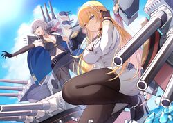  2girls absurdres azur_lane black_gloves black_legwear blonde_hair blue_eyes breasts cape cleavage cross cross_necklace gloves grey_hair high_heels highres jewelry large_breasts long_hair looking_at_viewer mole mole_on_breast multiple_girls necklace north_carolina_(azur_lane) one_eye_closed open_mouth pantyhose parted_lips pnatsu turret washington_(azur_lane) white_footwear 