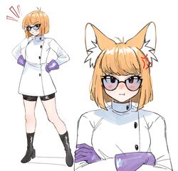  absurdres anger_vein animal_ear_fluff animal_ears bike_shorts black-framed_eyewear black_footwear blonde_hair closed_mouth crossed_arms dexter&#039;s_laboratory dexter_(dexter&#039;s_laboratory) english_commentary female full_body genderswap_(mtf) glasses gloves high_heels highres kumaartsu lab_coat long_sleeves lower_teeth_only medium_hair multiple_views purple_gloves rule_63 simple_background standing swept_bangs teeth upper_teeth_only white_background 