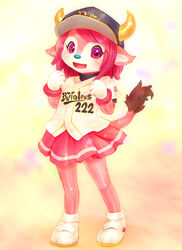  2012 anthro baseball_cap bottomwear bovid buffalo_bell clothing female footwear gloves handwear hat headgear headwear horn mammal mascot nippon_professional_baseball orix_buffaloes pink_body pink_eyes shirt shoes simple_background skirt smile solo standing tetetor-oort text text_on_clothing text_on_hat text_on_headwear text_on_shirt text_on_topwear topwear 