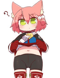  7th_dragon 7th_dragon_(series) ? animal_ear_fluff animal_ears belt belt_buckle bike_shorts black_shorts blue_jacket blush buckle cat_ears closed_mouth clothes_lift commentary_request female fighter_(7th_dragon) gloves green_eyes hair_between_eyes hair_bobbles hair_ornament harukara_(7th_dragon) highres jacket jacket_lift lifting_own_clothes long_sleeves naga_u navel one_side_up pink_hair red_gloves short_shorts shorts simple_background solo standing stomach striped_clothes striped_thighhighs thighhighs white_background white_belt 