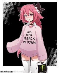  1boy artist_name astolfo_(fate) astolfo_monster_cosplay_(meme) bag black_bow black_choker blush border bow choker clothes_writing collared_shirt commentary dankodeadzone english_commentary english_text fate/grand_order fate_(series) hair_between_eyes hair_intakes hair_ribbon hairbow highres holding holding_bag layered_clothes long_hair long_sleeves looking_at_viewer male_focus meme meme_attire monster_energy multicolored_hair naughty_face otoko_no_ko outline outside_border patreon_logo patreon_username pink_eyes pink_hair pink_shirt product_placement ribbon shirt shopping_bag sleeves_past_fingers sleeves_past_wrists smile solo split_mouth standing streaked_hair thighhighs tongue tongue_out underwear very_long_hair watermark web_address white_border white_shirt white_thighhighs 