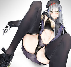  ass bad_id bad_pixiv_id beret black_bra black_hat black_panties black_sweater black_thighhighs blunt_bangs blush bra breasts closed_mouth commentary ekuesu facial_mark female foot_out_of_frame girls&#039;_frontline gloves green_eyes grey_hair hair_ornament hat hk416_(girls&#039;_frontline) jacket knees_up large_breasts long_hair long_sleeves looking_at_viewer lying navel on_back open_clothes open_jacket panties pleated_skirt purple_jacket purple_skirt shoes silver_background simple_background skirt solo spread_legs sweater teardrop thighhighs thighs underwear white_gloves 