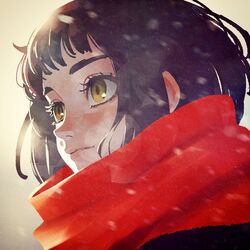  black_hair blush brown_eyes commentary_request copyright_request female highres kunitarou-art portrait red_scarf scarf smile snow solo 