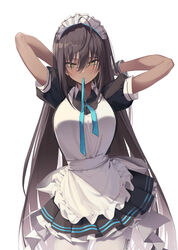  ahoge apron arms_behind_head arms_up black_dress blue_archive blue_bow blue_bowtie blue_ribbon bow bowtie breasts brown_hair closed_mouth commentary cowboy_shot dark-skinned_female dark_skin dress expressionless female hair_over_eyes highres karin_(blue_archive) large_breasts light_blush long_hair looking_at_viewer maid_apron maid_headdress mouth_hold pantyhose petticoat puffy_short_sleeves puffy_sleeves ribbon short_sleeves simple_background solo soya_(torga) standing tsurime very_long_hair white_apron white_background white_headwear white_pantyhose wrist_cuffs yellow_eyes 