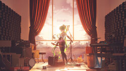  adapted_costume amplifier aqua_eyes aqua_hair backlighting black_pantyhose black_shorts broken_guitar can chinese_commentary closed_mouth coca-cola commentary computer curtains dated drink_can drum drum_set effects_pedal english_text female from_behind full_body geduan grey_shirt guitar hatsune_miku highres indoors instrument laptop long_hair looking_at_viewer looking_back microphone microphone_stand pantyhose pantyhose_under_shorts red_curtains scenery shirt shoe_soles shorts shoulder_tattoo sleeveless sleeveless_shirt soda_bottle soda_can solo standing sunset tattoo very_long_hair vocaloid window 