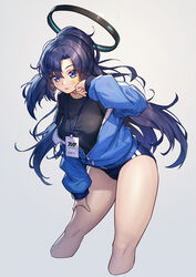  absurdres black_shirt blue_archive blue_buruma blue_eyes blue_hair blue_jacket breasts buruma cowboy_shot female halo hand_on_own_face hand_on_own_thigh highres id_card jacket light_blush long_hair long_sleeves looking_at_viewer mazel_(mazel_star) mechanical_halo medium_breasts off_shoulder official_alternate_costume parted_bangs parted_lips ponytail shirt sidelocks simple_background solo star_sticker sticker_on_face sweat t-shirt thighs track_jacket white_background yuuka_(blue_archive) yuuka_(track)_(blue_archive) 