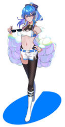  alternate_costume asymmetrical_legwear bare_shoulders blue_eyes blue_hair blue_nails blue_ribbon boots crop_top earrings female full_body hair_between_eyes hair_ribbon highres holding holding_removed_eyewear hololive hoshimachi_suisei jewelry knee_boots long_hair long_sleeves looking_at_viewer midriff nail_polish navel parted_lips ponytail puffy_long_sleeves puffy_sleeves ribbon saco_(cgmore) short_shorts shorts simple_background single_leg_pantyhose single_thighhigh solo star_(symbol) star_in_eye sunglasses symbol_in_eye thighhighs uneven_legwear unworn_eyewear virtual_youtuber white_background white_footwear white_shorts 