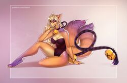  2020 anthro bell big_breasts blonde_hair breasts canid canine cleavage clothed clothing collar digital_media_(artwork) eyebrows eyelashes feet female fingers fox hair leotard mammal multi_tail simple_background solo tail tight_clothing toes yasmil 