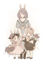  aged_down ai-wa alternate_costume animal_ears basket black_headwear blonde_hair brother_and_sister camilla_(fire_emblem) closed_eyes closed_mouth commentary dress elise_(fire_emblem) fake_animal_ears fire_emblem fire_emblem_fates flower hair_flower hair_ornament hair_over_one_eye hat holding holding_hands leo_(fire_emblem_fates) long_sleeves purple_hair rabbit_ears sandals short_hair short_sleeves shorts siblings simple_background sisters smile 