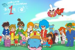  18-volt 5-volt 6+boys 6+girls 9-volt ashley_(warioware) blue_sky chibi cloud cloudy_sky commentary_request countdown day dr._crygor dribble_(warioware) everyone herunia_kokuoji heterochromatic_eyewear jimmy_t lulu_(warioware) master_mantis mike_(warioware) mona_(warioware) multiple_boys multiple_girls on_grass orbulon outdoors penny_crygor red_(warioware) sky speech_bubble spitz taking_picture translation_request twitter_username wario warioware young_cricket 