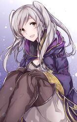  aiueo1234853 bad_id bad_twitter_id boots breasts brown_footwear brown_gloves cleavage commentary_request female fire_emblem fire_emblem_awakening gloves highres hood hood_down long_sleeves open_mouth robe robin_(female)_(fire_emblem) robin_(fire_emblem) sitting solo twintails white_hair yellow_eyes 