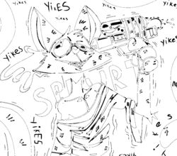  alpha_channel black_and_white clothed clothing domestic_cat felid feline felis fluffydonuts grin mammal messy_(fluffydonuts) monochrome smile text toy toy_gun water_gun yikes 