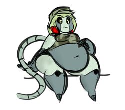  belly big_belly blonde_hair breasts clothing colored dimmerolls female grey_body grey_skin hair hand_on_belly hat headgear headwear humanoid machine navel not_furry obese overweight robot simple_background sine sitting solo thick_thighs white_background yellow_eyes 