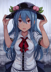  black_hat black_skirt blouse blue_hair breasts center_frills commentary_request female food frills fruit hair_between_eyes hands_on_headwear hands_up hat hinanawi_tenshi leaf long_hair looking_at_viewer medium_breasts neck_ribbon opanchu_(hakusen) open_mouth peach puffy_short_sleeves puffy_sleeves rain red_eyes red_ribbon ribbon shirt short_sleeves sidelocks skirt solo touhou upper_body wet wet_clothes wet_shirt white_shirt wing_collar 