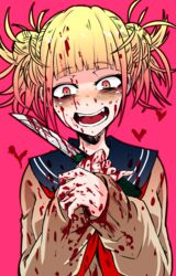  bags_under_eyes bangs blonde_hair blood blood_on_face bloody_clothes bloody_weapon blunt_bangs boku_no_hero_academia cardigan double_bun fangs female highres itosiki_zetu knife open_mouth pink_background pinky_out school_uniform serafuku smile solo toga_himiko upper_body weapon yellow_eyes 