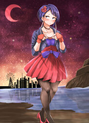  absurdres adahcm black_pantyhose blue_eyes blue_hair blush boku_no_hero_academia choker collarbone commentary_request crescent_moon dress earplugs female flower frilled_dress frills full_body hair_flower hair_ornament high_heels highres jacket jirou_kyouka moon pantyhose photoshop_(medium) short_hair skirt sky solo star_(sky) starry_moon starry_sky 