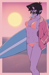  artist_name bikini black_hair breasts collarbone colored_skin commentary english_commentary female food food_in_mouth hand_in_pocket highres holding holding_surfboard horns ittla jacket looking_away medium_breasts mouth_hold navel orange_bikini orange_eyes original pointy_ears popsicle profile purple_skin short_hair side-tie_bikini_bottom skin-covered_horns slit_pupils solo stomach sun sunglasses surfboard swimsuit thick_eyebrows ume_(ittla) 