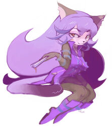  2012 anthro biped boots breasts clothing cyberconnect2 domestic_cat felid feline felineko felis female footwear fur gloves hair hand_fan handwear kemono little_tail_bronx long_hair mammal opera_kranz purple_body purple_boots purple_clothing purple_footwear purple_fur purple_hair red_eyes simple_background sitting smile solatorobo solo temmie_chang topwear vest white_background 