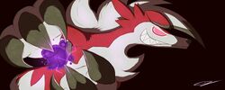  2016 ambiguous_gender better_version_at_source black_nose canid canine claws digital_drawing_(artwork) digital_media_(artwork) energy fangs feral fur gdgreat generation_7_pokemon glowing glowing_eyes grin lycanroc mammal midnight_lycanroc nintendo pokemon pokemon_(species) red_background red_body red_eyes red_fur shadow_ball signature simple_background smile teeth white_body white_fur 