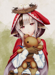  animal animal_ears bird bird_nest brown_gloves brown_hair brown_vest cape commentary_request female fire_emblem fire_emblem_fates gloves grey_hair hands_up head_tilt highres hood hood_up hooded_cape hugging_object kumehara_chiyota long_hair long_sleeves multicolored_hair parted_lips red_cape red_eyes shirt solo streaked_hair stuffed_animal stuffed_toy teddy_bear upper_body velouria_(fire_emblem) vest white_shirt wolf_ears 