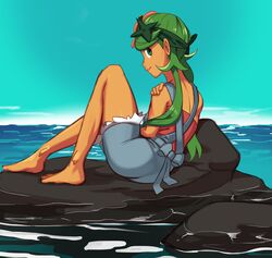  bad_id bad_pixiv_id barefoot commission dark-skinned_female dark_skin female flower from_behind full_body green_eyes green_hair hair_flower hair_ornament headband highres light_smile lips long_hair looking_back low_twintails lying mallow_(pokemon) ocean overall_shorts overalls pokemon pokemon_(anime) pokemon_sm pokemon_sm_(anime) polyle pose rock solo strapless tube_top twintails 