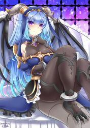  black_wings blue_hair blue_skirt bracelet breast_lift breasts brown_pantyhose claws cleavage commentary_request dated dragon_girl female hal_(harun) hand_up horns jewelry large_breasts long_hair looking_at_viewer meliusiana pantyhose purple_eyes sennen_sensou_aigis simple_background sitting skirt smile solo tail very_long_hair wings 