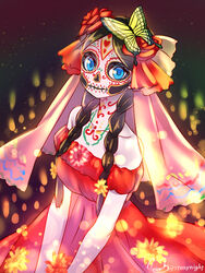  black_hair blue_eyes bodypaint braid butterfly_hair_ornament dia_de_los_muertos dress face_paint female female hair_ornament highres mitake_eiru original pawoo_username solo strapless white_skin 