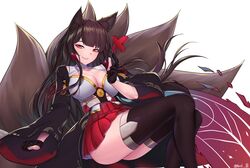  akagi_(azur_lane) animal_ears ass azur_lane black_gloves black_kimono black_thighhighs blunt_bangs breasts cleavage collarbone commentary eyeliner female fox_ears fox_girl fox_tail gloves hair_tubes hakama hakama_short_skirt hakama_skirt highres japanese_clothes kaiend kimono kitsune large_breasts long_hair makeup microskirt multiple_tails obi parted_lips partially_fingerless_gloves red_eyes red_skirt ribbon-trimmed_sleeves ribbon_trim sash shirt sitting skirt smile solo tail thighhighs underbust very_long_hair white_kimono white_shirt wide_sleeves 