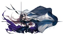  angry armor banner bare_shoulders blonde_hair chains clenched_teeth clothing_cutout commentary_request dual_wielding fate/grand_order fate_(series) female gauntlets headpiece highres holding jeanne_d&#039;arc_alter_(avenger)_(fate) jeanne_d&#039;arc_alter_(avenger)_(third_ascension)_(fate) jeanne_d&#039;arc_alter_(fate) kodama_(wa-ka-me) long_hair looking_at_viewer navel_cutout polearm solo spear sword teeth very_long_hair weapon white_background yellow_eyes 