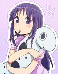  :o abiko_yuuji commentary_request female food food_in_mouth hinata_yukari long_hair looking_at_viewer open_mouth outline pocky pocky_day purple_eyes purple_hair short_sleeves solo stuffed_animal stuffed_snake stuffed_toy upper_body white_outline yuyushiki 