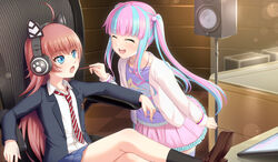  2girls :o ^_^ ahoge animal_ear_headphones animal_ears bang_dream! black_socks blazer blue_hair blue_shirt blunt_bangs brown_footwear cat_ear_headphones chair clenched_hand closed_eyes collared_shirt commentary_request fake_animal_ears feeding food hair_bobbles hair_ornament headphones highres holding holding_food indoors jacket jerky jewelry long_hair looking_at_another multicolored_hair multiple_girls necklace necktie nuenue nyubara_reona pink_hair pink_skirt print_shirt red_hair red_necktie shirt shoes sidelocks sitting skirt socks speaker streaked_hair striped striped_necktie studio tablet_pc tamade_chiyu white_jacket white_shirt 